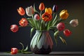 Watercolor flowers colorful bouquet of tulips in vase standing on black background with light classic design living room Royalty Free Stock Photo