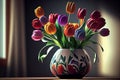 Watercolor flowers colorful bouquet of tulips in vase standing on black background with light classic design living room Royalty Free Stock Photo