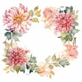 Watercolor Wreath Of Pink And Pale Pink Dahlia Flowers