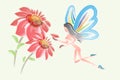 Watercolor flowers with a fairy girl butterfly vector Royalty Free Stock Photo
