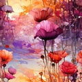 Watercolor flowers in the field at sunset in a neo-abstract realism style (tiled