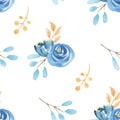 Watercolor Flowers Floral Blue Summer Berries Leaves Leaf Seamless Pattern Royalty Free Stock Photo