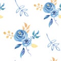 Watercolor Flowers Floral Blue Summer Berries Leaves Leaf Seamless Pattern Royalty Free Stock Photo