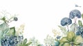 Watercolor Flower Border: Hydrangea, Fern, Chrysanthemum On White Background
