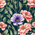 Watercolor flowers green background seamless pattern generated Ai Royalty Free Stock Photo