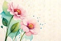 watercolor pink flower and green leaves on the isolated background, ai art