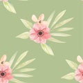 Watercolor Flowers Peach Green Floral Seamless Pattern Tropical Arrangement Leaves