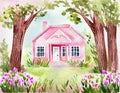 Watercolor of Flowers Pink House