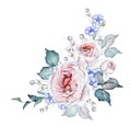 Watercolor Flowers. Roses Bouquet. Blue Delicate Flowers. White and Pink Roses Royalty Free Stock Photo
