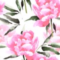 Watercolor flowers seamless pattern with peonis. Royalty Free Stock Photo