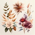 Watercolor flowers set. Collection of decorative elements bright colorful flowers, leaves, grass, hand drawn with watercolors.