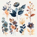 Watercolor flowers set. Collection of decorative elements bright colorful flowers, leaves, grass, hand drawn with watercolors.