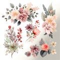 Watercolor flowers set. Collection of decorative elements bright colorful flowers, leaves, grass, hand drawn with watercolors.