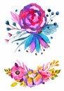 Watercolor flowers set. Colorful floral collection with leaves a
