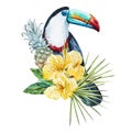 Watercolor flowers with toucan