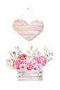 Watercolor flowers wooden box. Hand-drawn chic vintage garden ru