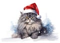 Watercolor fluffy gray cat with santa hat on background snow landscape, Closeup