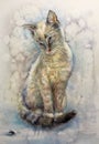 Watercolor fluffy kitty. Sweet gray cat portrait. Design element.