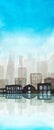 Watercolor flyer urban silhouette of a big town in a haze. Blue sky, dark buildings with luminous windows are reflected in the
