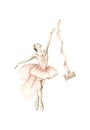 Watercolor dancing ballerina in pink dress.Isolated dancing ballerina