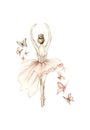 Watercolor dancing ballerina in pink dress.Isolated dancing ballerina