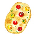 Watercolor focaccia with cherry tomato and basil isolated on white background. Hand drawn illustration fo book, magazine, restaura Royalty Free Stock Photo