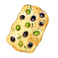 Watercolor focaccia with rosemary and olives isolated on white background. Hand drawn illustration fo book, magazine, restaurant