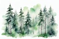 Watercolor foggy forest landscape in green colors