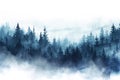 Watercolor foggy forest landscape illustration. Generative AI