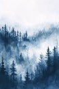 Watercolor foggy forest landscape illustration. Generative AI