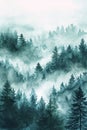 Watercolor foggy forest landscape illustration. Generative AI