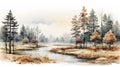 Watercolor foggy forest landscape illustration. Wild nature in wintertime.