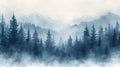 Watercolor foggy forest landscape illustration. Wild nature in wintertime.