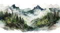 Watercolor foggy forest landscape illustration. Wild nature in wintertime.