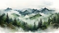 Watercolor foggy forest landscape illustration. Wild nature in wintertime.