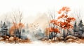 Watercolor foggy forest landscape illustration. Wild nature in wintertime.