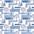 Watercolor foggy forest seamless pattern. Hand drawn monochrome blue trees and brush smear textures isolated on white