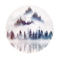 Watercolor foggy landscape of a forest