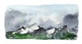 Watercolor foggy landscape with mountains and pine trees