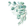 Watercolor foliage bouquet, corner. Eucalyptus and gypsophila branches. True blue, willow, silver dollar, seeded. Hand