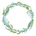 Watercolor foliage round frame. Greenery wreath with hand drawn leaves. Spring circle frame, template for your design.
