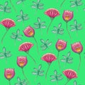 Watercolor folk flowers seamless pattern, wildflowers background, green leaves, ornamental backdrop, fabric design