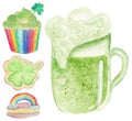 Watercolor food collection, sweets and ale isolated on a white background. Pattern for products for St. Patrick's