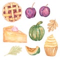 Watercolor food illustration. Plum, pumpkin, cupcake, cheesecake, autumn leaves illustration, autumn pie. Autumn set.