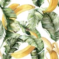 Watercolor food pattern with ripe banana. Hand painted tropical fruit with leaves isolated on white background