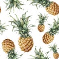 Watercolor food pattern with ripe pineapple. Hand painted tropical fruit with leaves isolated on white background