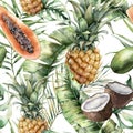 Watercolor food pattern with ripe pineapples, coconuts and passion fruits. Hand painted tropical leaves isolated on