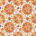 Watercolor,  food, pizza, fast food, seamless, pattern, sketch, background, template, banner, frame, sausage, snack, texture Royalty Free Stock Photo