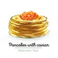 Watercolor food. Russian breakfast. Pancakes with red caviar