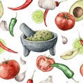 Watercolor food seamless pattern of guacamole and vegetables. Hand painted tomato, pepper, avocado, garlic isolated on